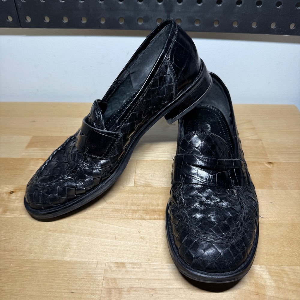 Joan & David Black Woven Leather Penny Loafers Handmade in Italy Size 37.5